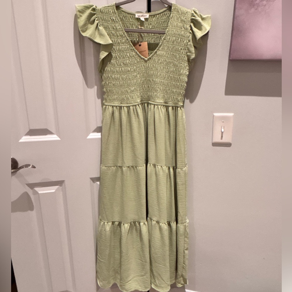 Blu Pepper Sage Green Smocked V-Neck Tiered Maxi Dress